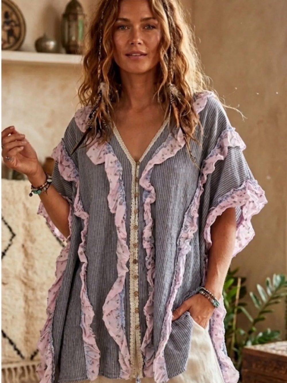Oli & Hali Gray Tunic with Pink Ruffle Trim